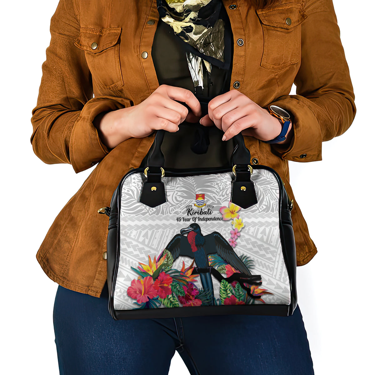 Kiribati Independence Day Shoulder Handbag Frigatebird Mix Tropical Flowers - White Style