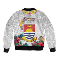 Kiribati Independence Day Sleeve Zip Bomber Jacket Frigatebird Mix Tropical Flowers - White Style LT14 - Polynesian Pride