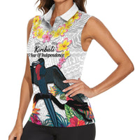 Kiribati Independence Day Women Sleeveless Polo Shirt Frigatebird Mix Tropical Flowers - White Style