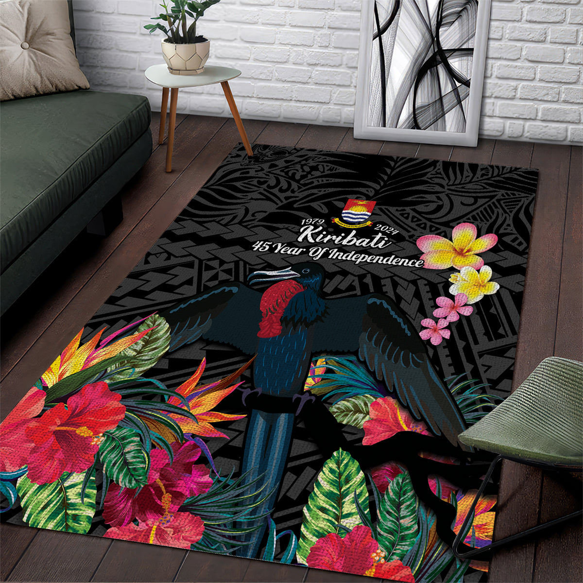 Kiribati Independence Day Area Rug Frigatebird Mix Tropical Flowers - Black Style LT14 Black - Polynesian Pride