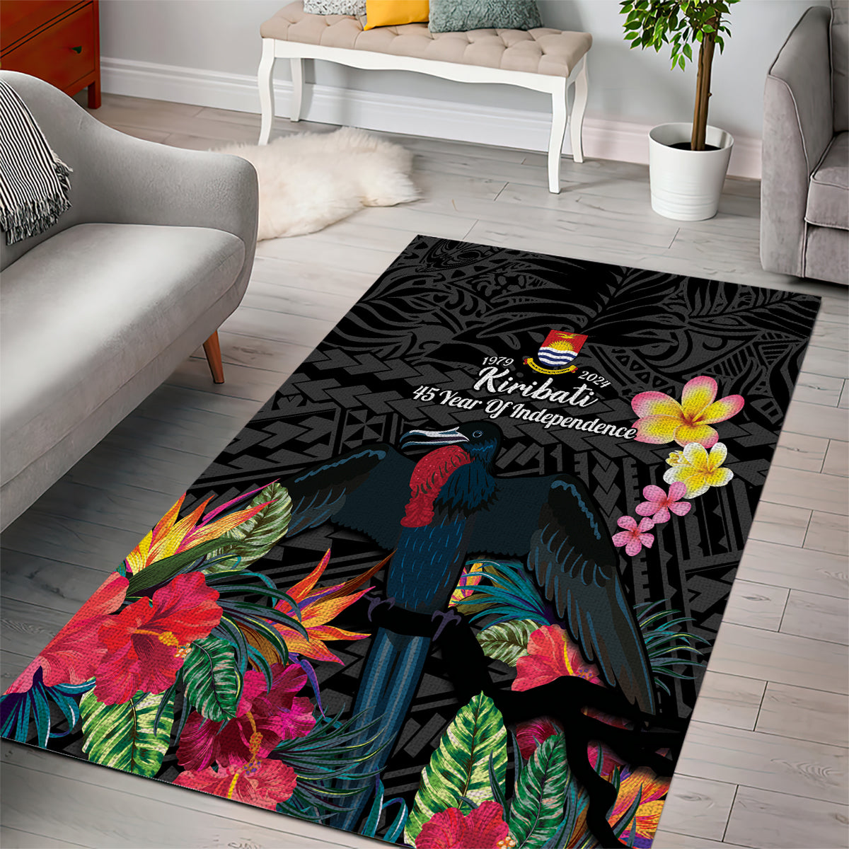 Kiribati Independence Day Area Rug Frigatebird Mix Tropical Flowers - Black Style LT14 - Polynesian Pride