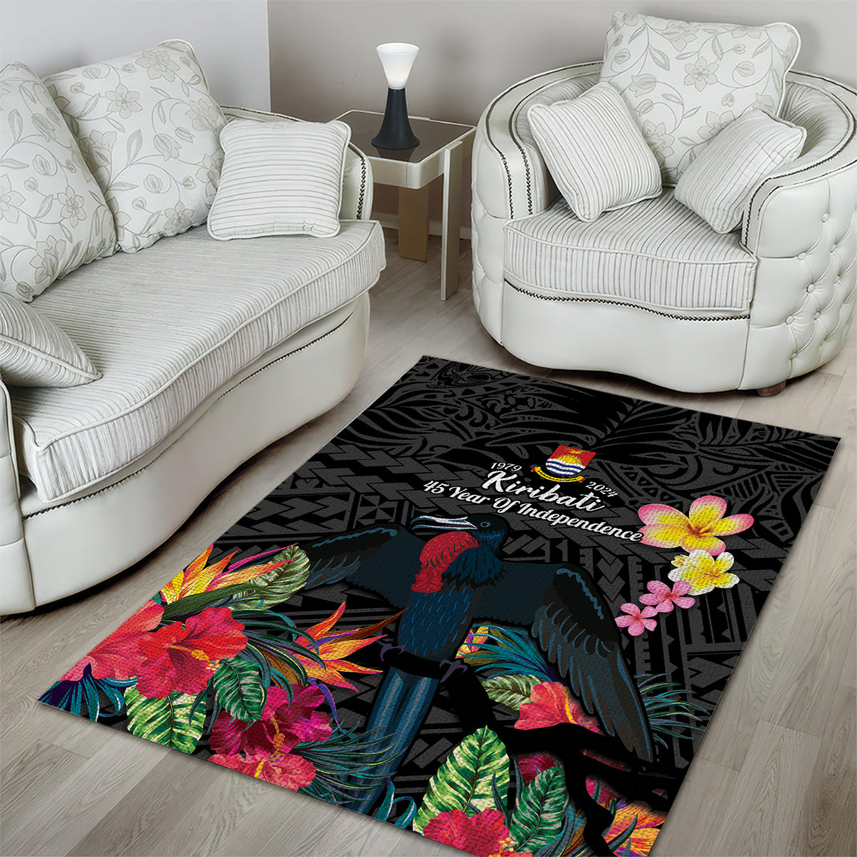 Kiribati Independence Day Area Rug Frigatebird Mix Tropical Flowers - Black Style LT14 - Polynesian Pride