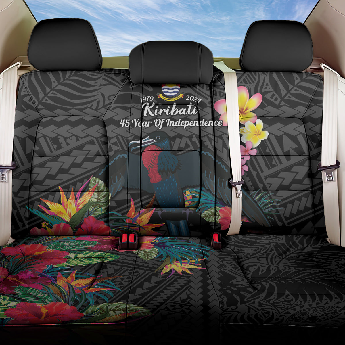 Kiribati Independence Day Back Car Seat Cover Frigatebird Mix Tropical Flowers - Black Style LT14 One Size Black - Polynesian Pride