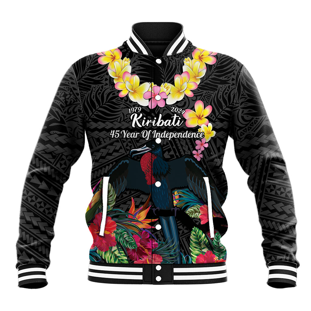 Kiribati Independence Day Baseball Jacket Frigatebird Mix Tropical Flowers - Black Style LT14 Unisex Black - Polynesian Pride