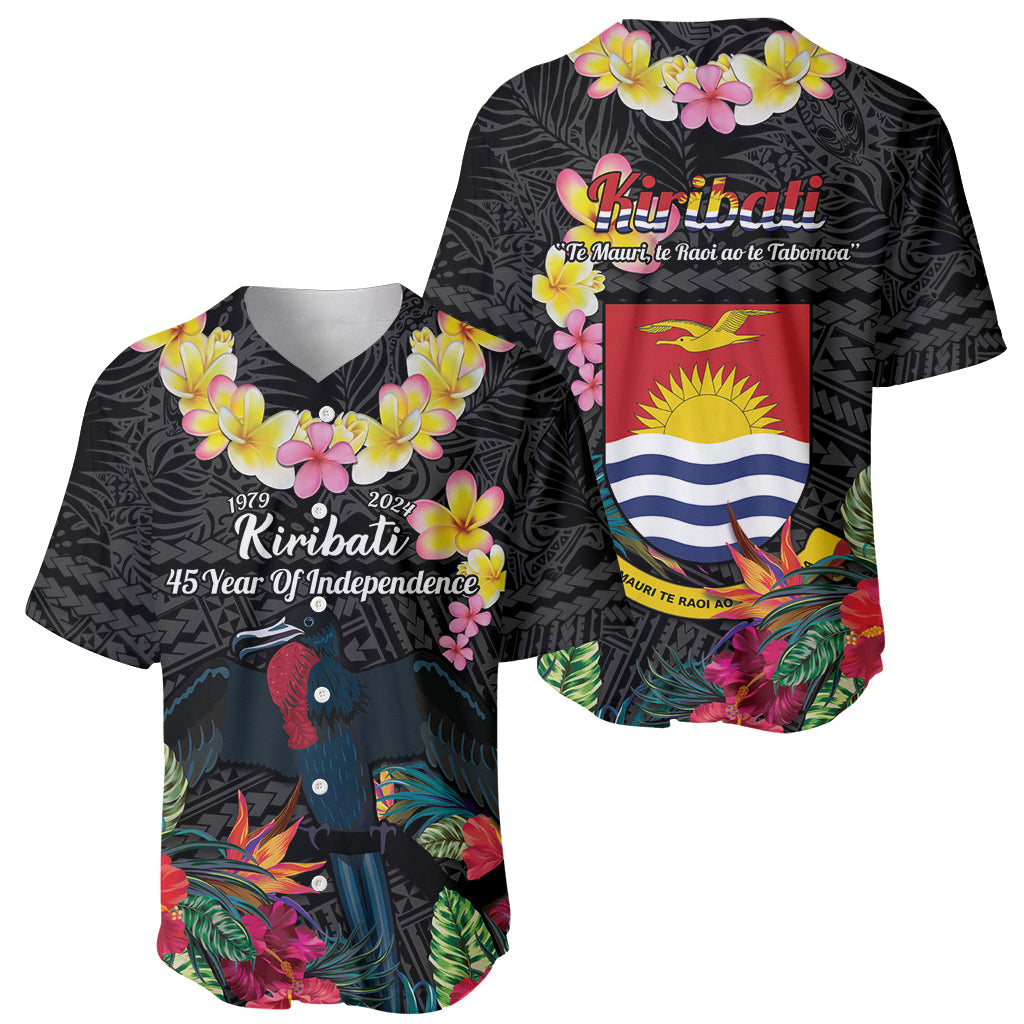Kiribati Independence Day Baseball Jersey Frigatebird Mix Tropical Flowers - Black Style LT14 - Polynesian Pride