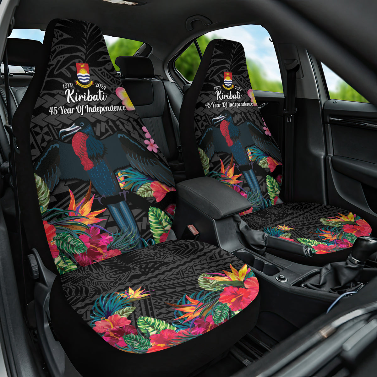 Kiribati Independence Day Car Seat Cover Frigatebird Mix Tropical Flowers - Black Style LT14 One Size Black - Polynesian Pride