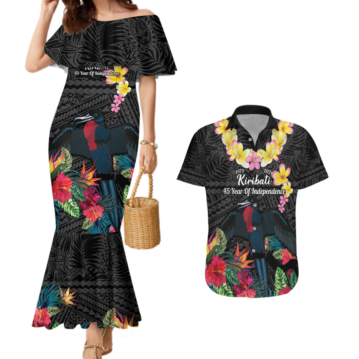Kiribati Independence Day Couples Matching Mermaid Dress and Hawaiian Shirt Frigatebird Mix Tropical Flowers - Black Style LT14 Black - Polynesian Pride