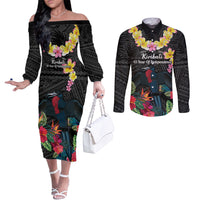 Kiribati Independence Day Couples Matching Off The Shoulder Long Sleeve Dress and Long Sleeve Button Shirt Frigatebird Mix Tropical Flowers - Black Style LT14 Black - Polynesian Pride