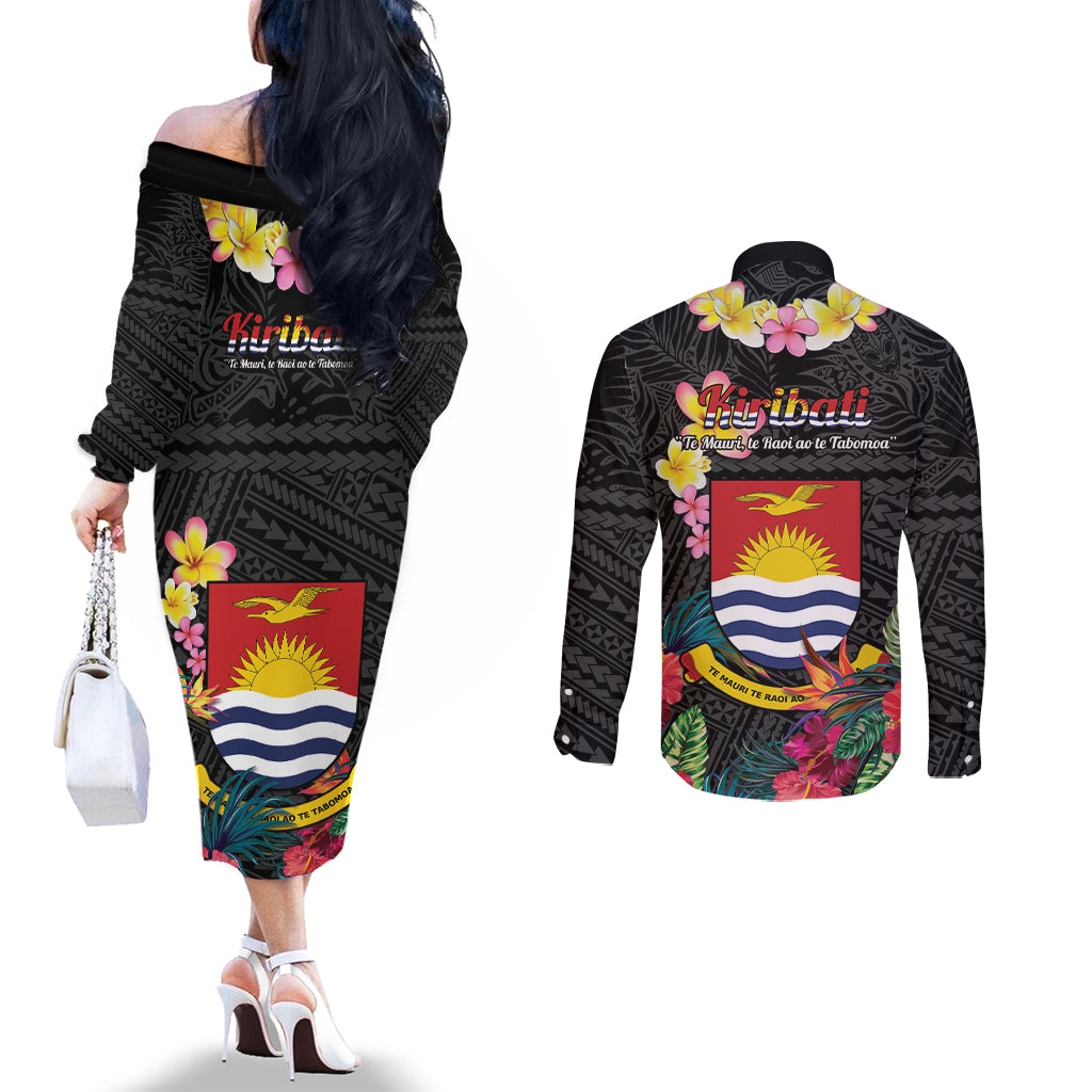 Kiribati Independence Day Couples Matching Off The Shoulder Long Sleeve Dress and Long Sleeve Button Shirt Frigatebird Mix Tropical Flowers - Black Style LT14 - Polynesian Pride