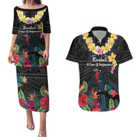 Kiribati Independence Day Couples Matching Puletasi and Hawaiian Shirt Frigatebird Mix Tropical Flowers - Black Style