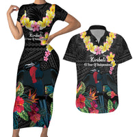 Kiribati Independence Day Couples Matching Short Sleeve Bodycon Dress and Hawaiian Shirt Frigatebird Mix Tropical Flowers - Black Style LT14 Black - Polynesian Pride