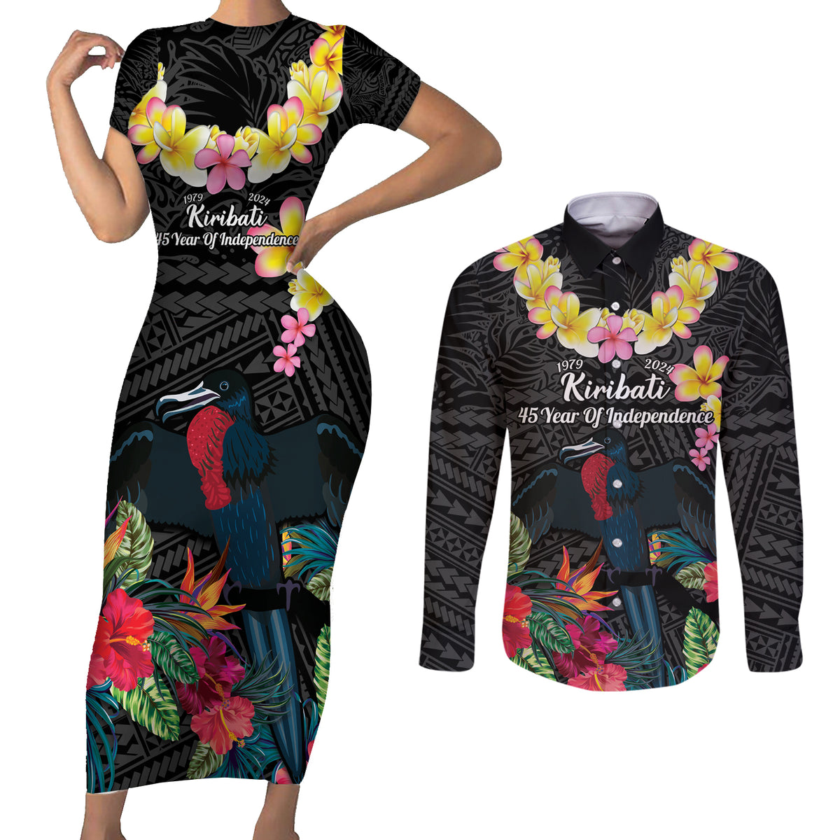Kiribati Independence Day Couples Matching Short Sleeve Bodycon Dress and Long Sleeve Button Shirt Frigatebird Mix Tropical Flowers - Black Style LT14 Black - Polynesian Pride