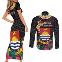 Kiribati Independence Day Couples Matching Short Sleeve Bodycon Dress and Long Sleeve Button Shirt Frigatebird Mix Tropical Flowers - Black Style LT14 - Polynesian Pride
