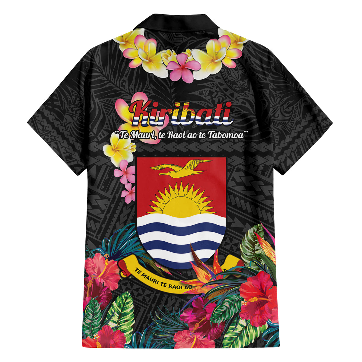 Kiribati Independence Day Family Matching Long Sleeve Bodycon Dress and Hawaiian Shirt Frigatebird Mix Tropical Flowers - Black Style LT14 - Polynesian Pride