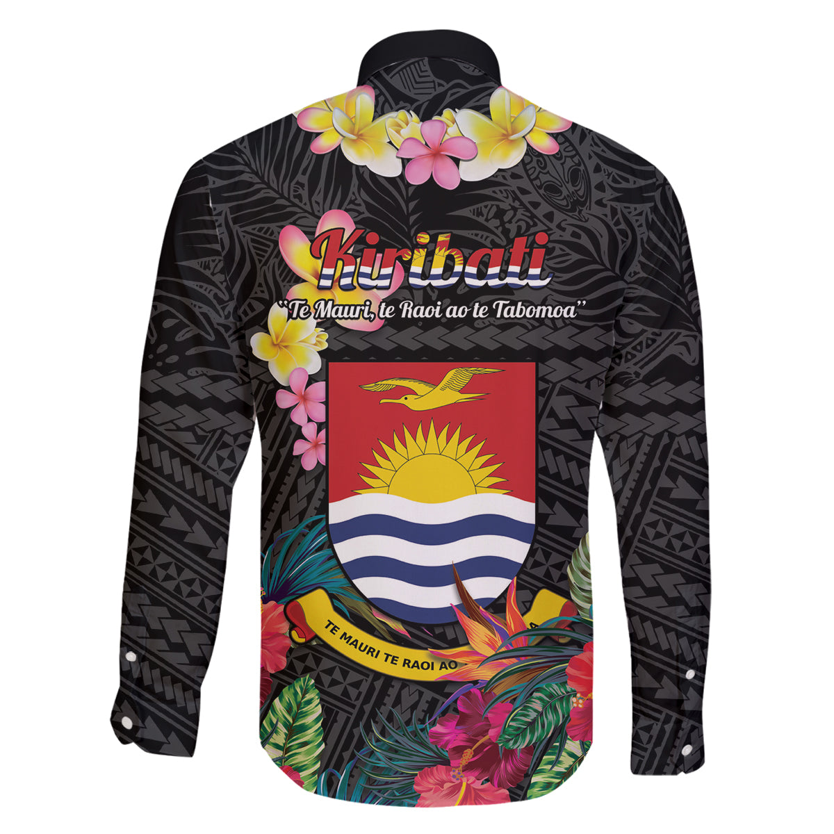 Kiribati Independence Day Family Matching Long Sleeve Bodycon Dress and Hawaiian Shirt Frigatebird Mix Tropical Flowers - Black Style LT14 - Polynesian Pride