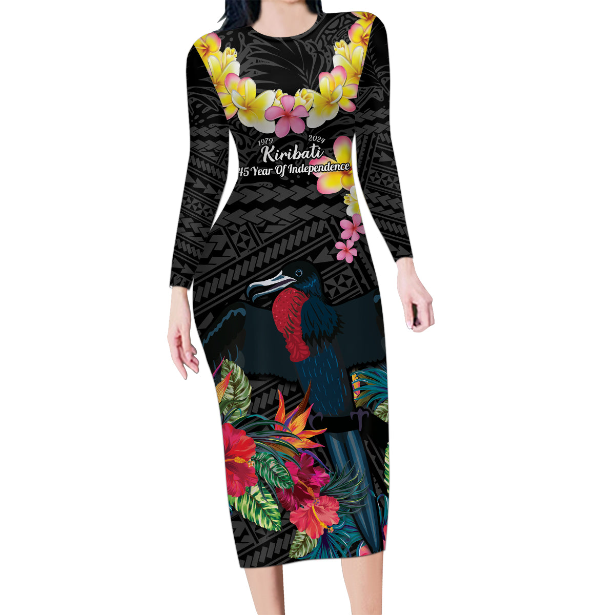 Kiribati Independence Day Family Matching Long Sleeve Bodycon Dress and Hawaiian Shirt Frigatebird Mix Tropical Flowers - Black Style LT14 Mom's Dress Black - Polynesian Pride
