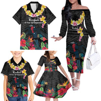 Kiribati Independence Day Family Matching Off The Shoulder Long Sleeve Dress and Hawaiian Shirt Frigatebird Mix Tropical Flowers - Black Style LT14 - Polynesian Pride