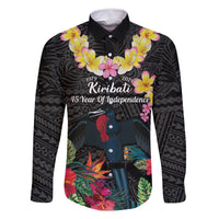 Kiribati Independence Day Family Matching Off The Shoulder Long Sleeve Dress and Hawaiian Shirt Frigatebird Mix Tropical Flowers - Black Style LT14 Dad's Shirt - Long Sleeve Black - Polynesian Pride