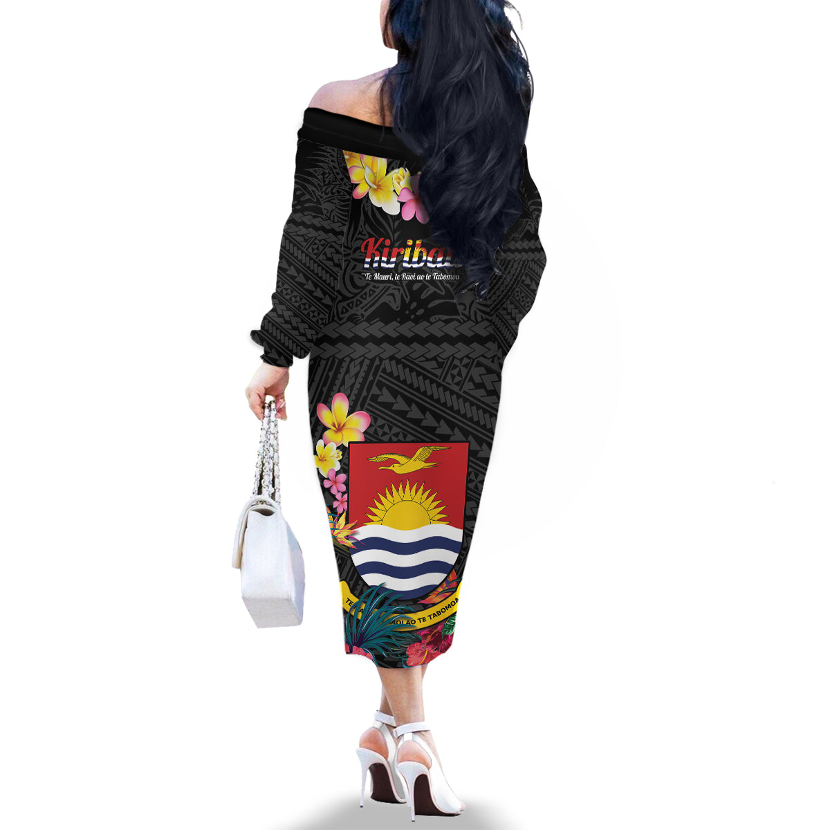 Kiribati Independence Day Family Matching Off The Shoulder Long Sleeve Dress and Hawaiian Shirt Frigatebird Mix Tropical Flowers - Black Style LT14 - Polynesian Pride