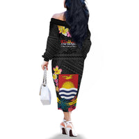 Kiribati Independence Day Family Matching Off The Shoulder Long Sleeve Dress and Hawaiian Shirt Frigatebird Mix Tropical Flowers - Black Style LT14 - Polynesian Pride