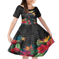 Kiribati Independence Day Family Matching Off Shoulder Short Dress and Hawaiian Shirt Frigatebird Mix Tropical Flowers - Black Style LT14 Daughter's Dress Black - Polynesian Pride