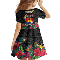 Kiribati Independence Day Family Matching Off Shoulder Short Dress and Hawaiian Shirt Frigatebird Mix Tropical Flowers - Black Style LT14 - Polynesian Pride