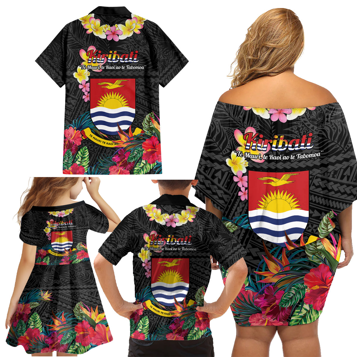 Kiribati Independence Day Family Matching Off Shoulder Short Dress and Hawaiian Shirt Frigatebird Mix Tropical Flowers - Black Style LT14 - Polynesian Pride