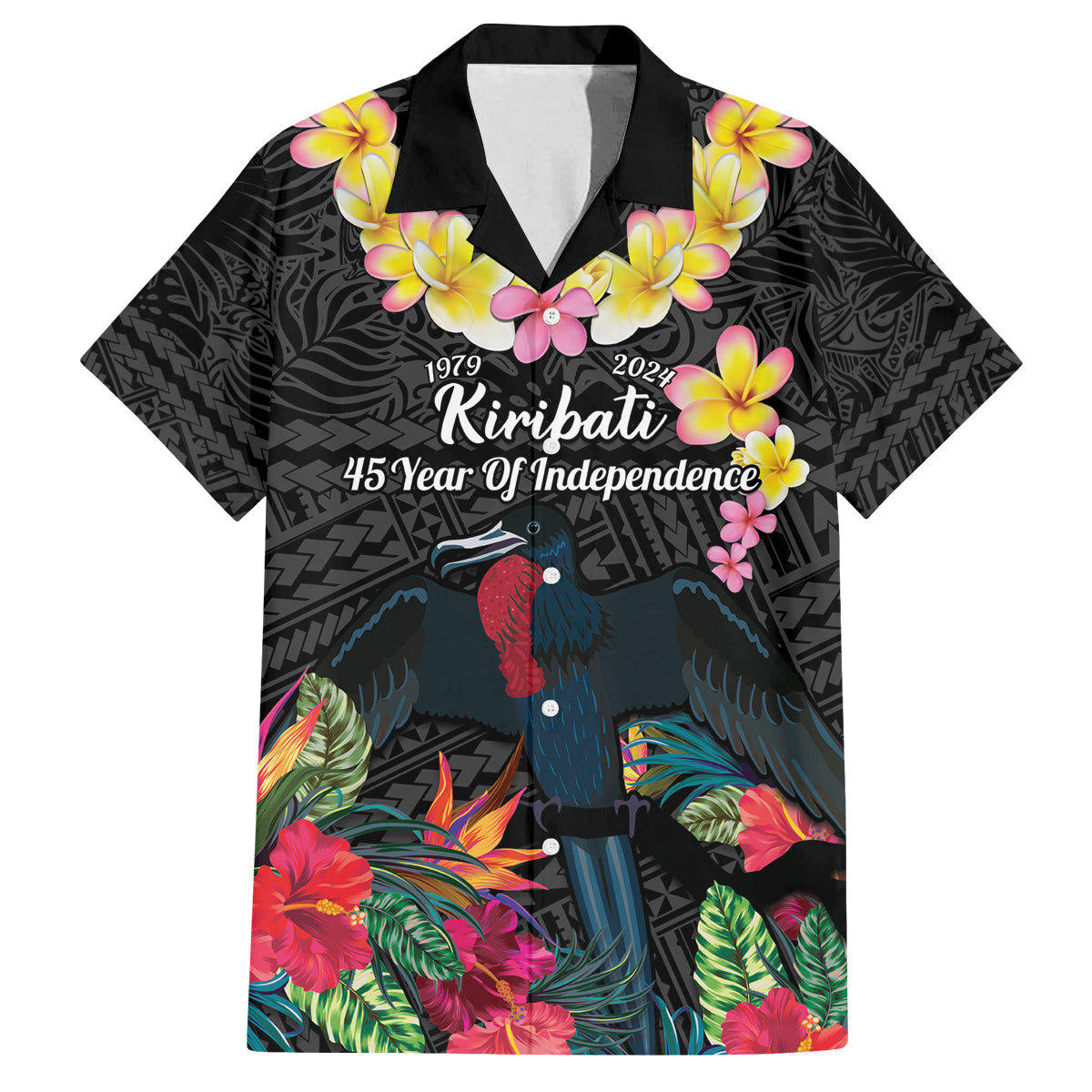 Kiribati Independence Day Family Matching Off Shoulder Short Dress and Hawaiian Shirt Frigatebird Mix Tropical Flowers - Black Style LT14 Dad's Shirt - Short Sleeve Black - Polynesian Pride