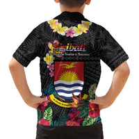 Kiribati Independence Day Family Matching Puletasi and Hawaiian Shirt Frigatebird Mix Tropical Flowers - Black Style LT14 - Polynesian Pride