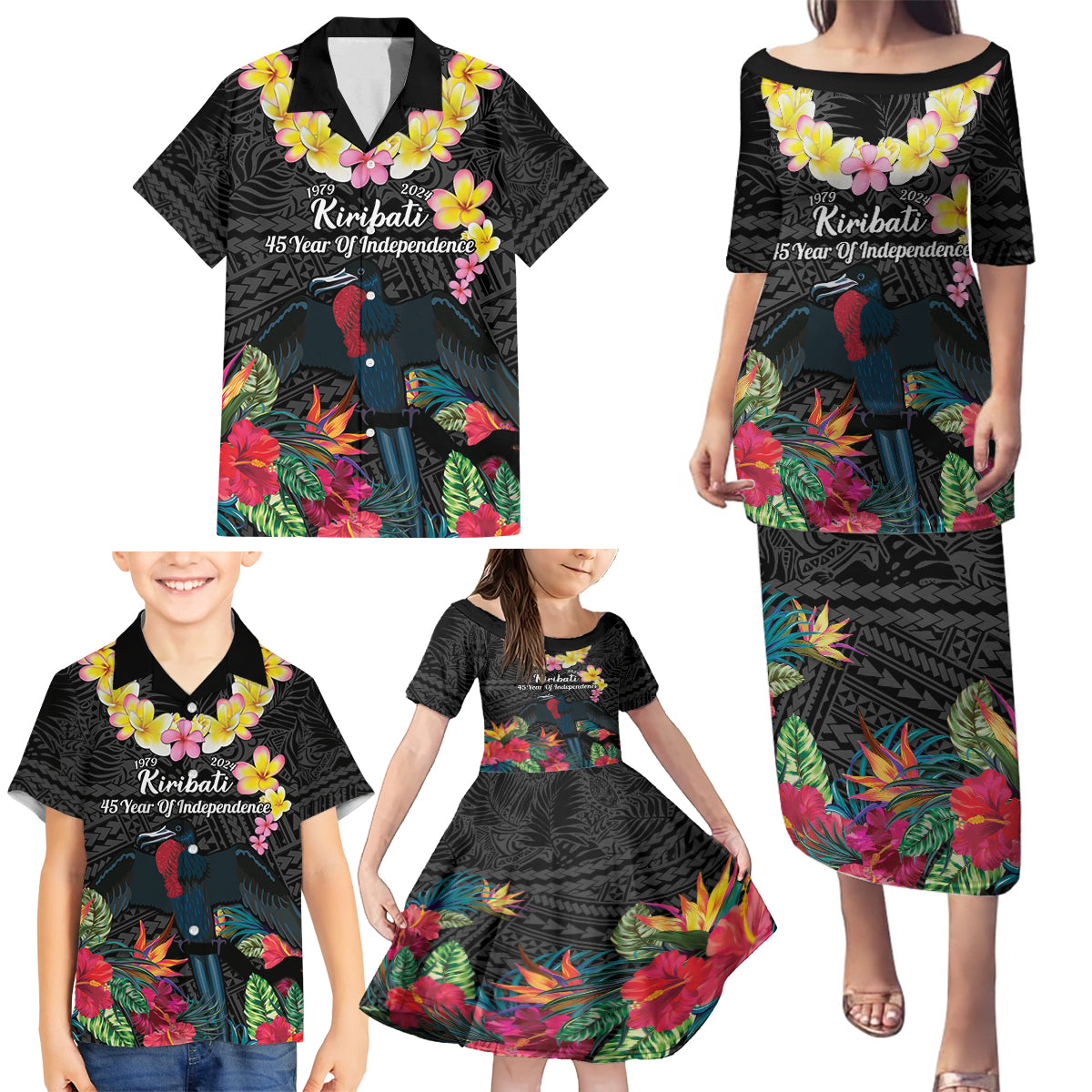 Kiribati Independence Day Family Matching Puletasi and Hawaiian Shirt Frigatebird Mix Tropical Flowers - Black Style LT14 - Polynesian Pride