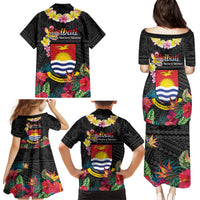 Kiribati Independence Day Family Matching Puletasi and Hawaiian Shirt Frigatebird Mix Tropical Flowers - Black Style LT14 - Polynesian Pride