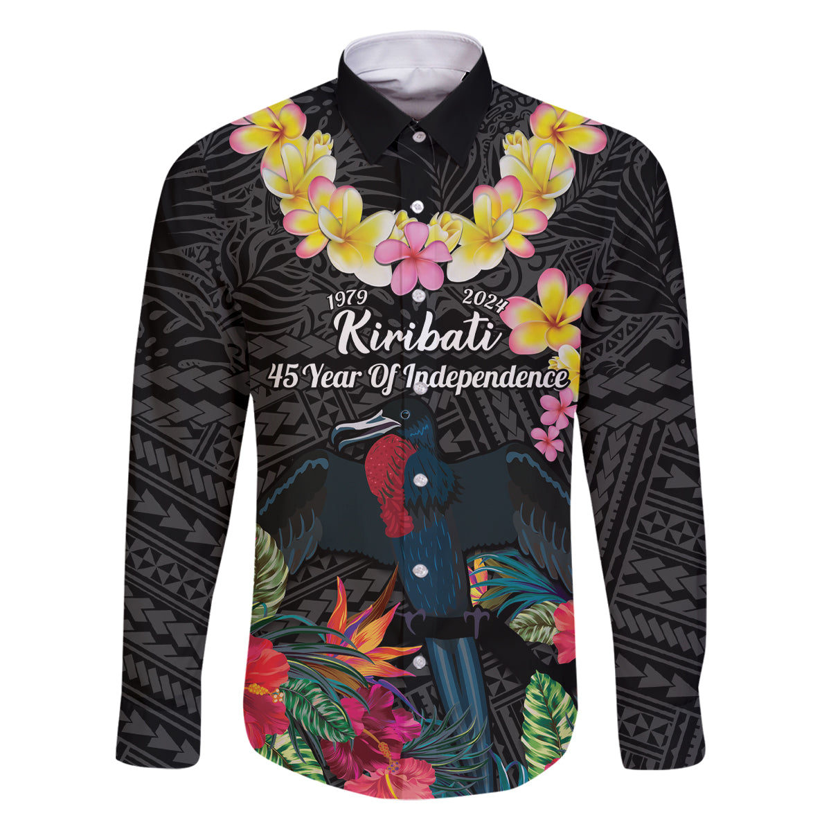 Kiribati Independence Day Family Matching Puletasi and Hawaiian Shirt Frigatebird Mix Tropical Flowers - Black Style LT14 Dad's Shirt - Long Sleeve Black - Polynesian Pride