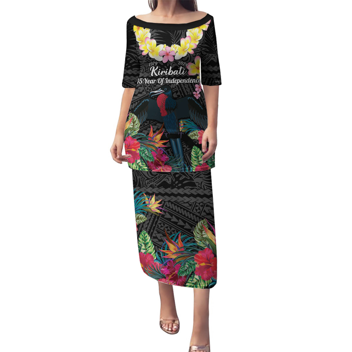 Kiribati Independence Day Family Matching Puletasi and Hawaiian Shirt Frigatebird Mix Tropical Flowers - Black Style LT14 Mom's Dress Black - Polynesian Pride