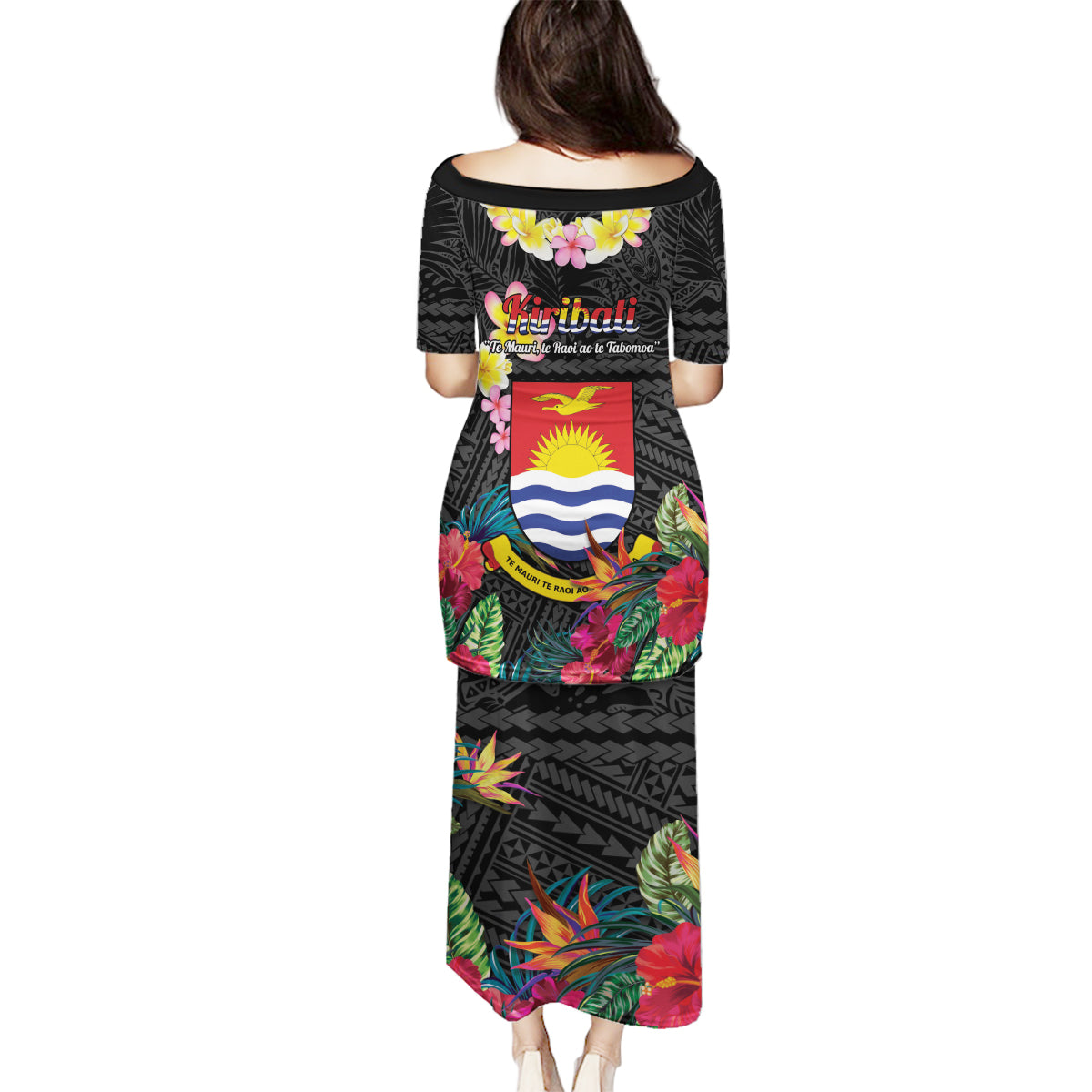 Kiribati Independence Day Family Matching Puletasi and Hawaiian Shirt Frigatebird Mix Tropical Flowers - Black Style LT14 - Polynesian Pride