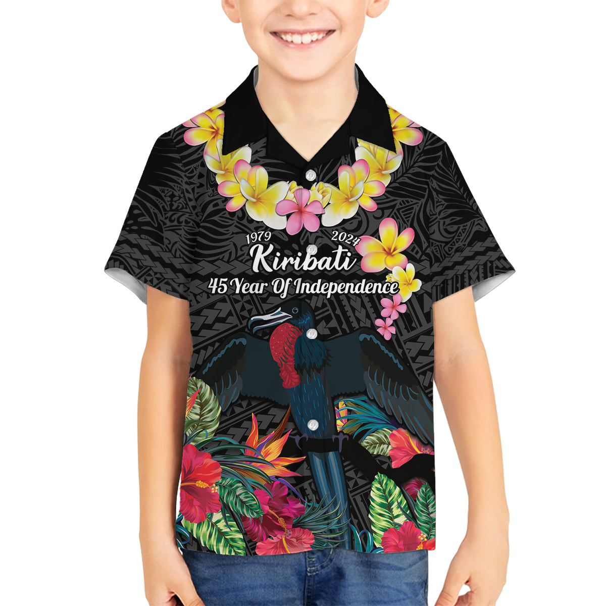 Kiribati Independence Day Family Matching Puletasi and Hawaiian Shirt Frigatebird Mix Tropical Flowers - Black Style LT14 Son's Shirt Black - Polynesian Pride