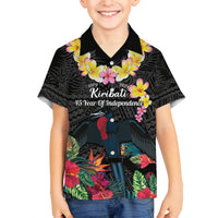 Kiribati Independence Day Family Matching Tank Maxi Dress and Hawaiian Shirt Frigatebird Mix Tropical Flowers - Black Style LT14 Son's Shirt Black - Polynesian Pride
