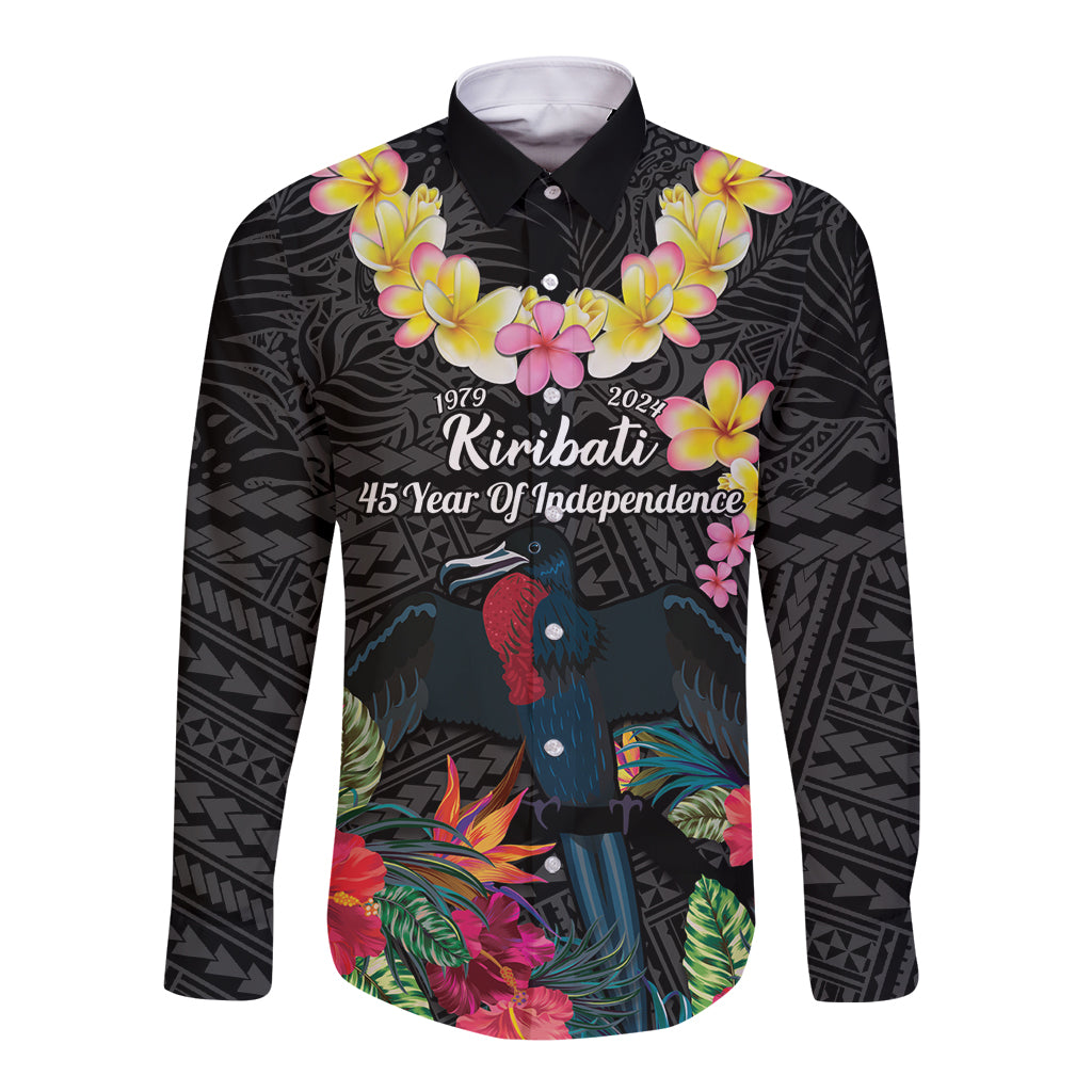 Kiribati Independence Day Long Sleeve Button Shirt Frigatebird Mix Tropical Flowers - Black Style LT14 Unisex Black - Polynesian Pride