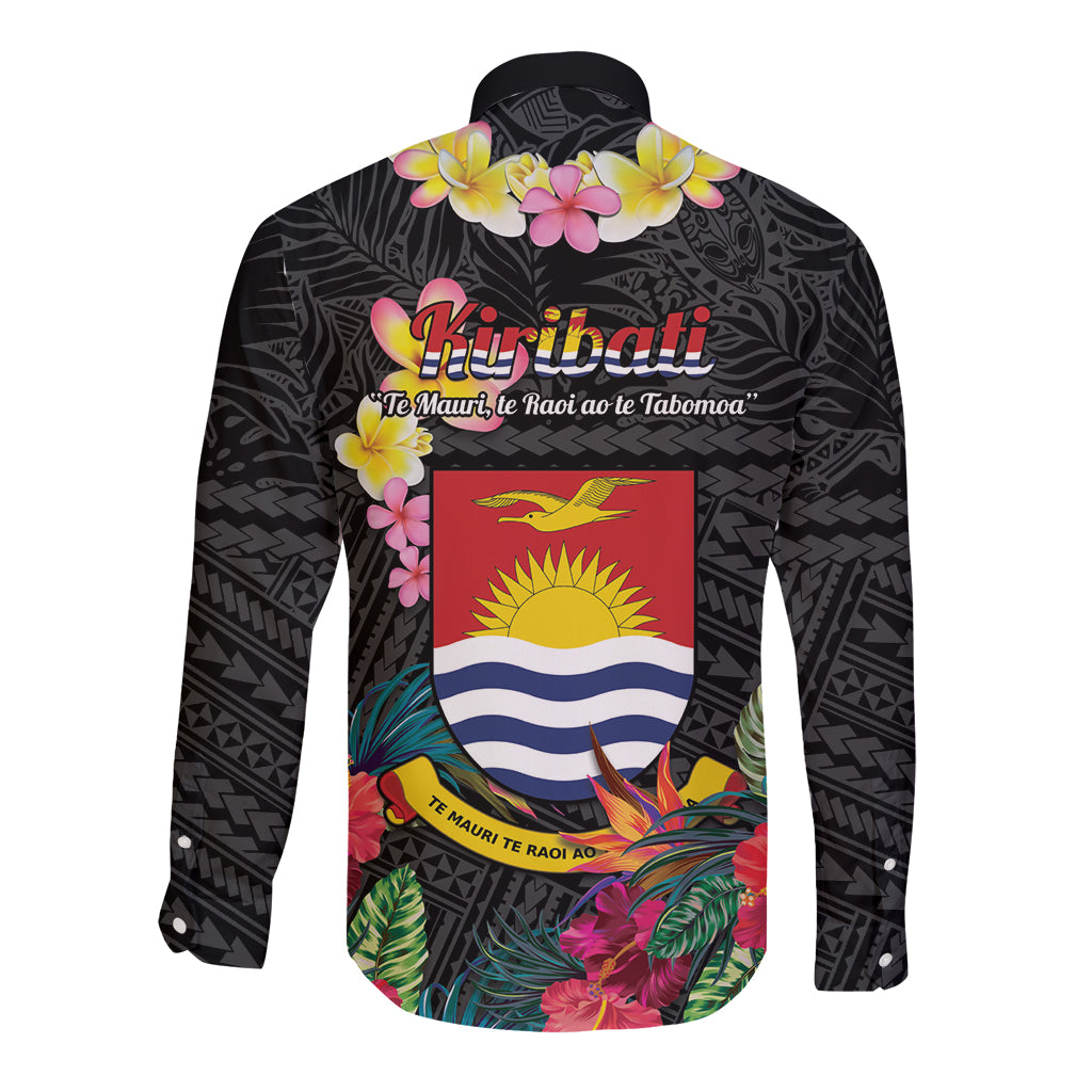 Kiribati Independence Day Long Sleeve Button Shirt Frigatebird Mix Tropical Flowers - Black Style LT14 - Polynesian Pride