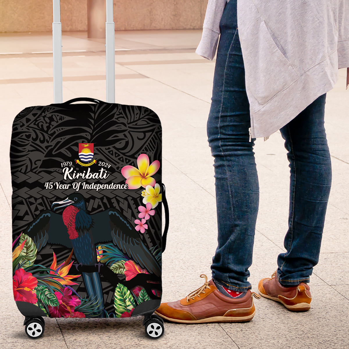 Kiribati Independence Day Luggage Cover Frigatebird Mix Tropical Flowers - Black Style LT14 Black - Polynesian Pride
