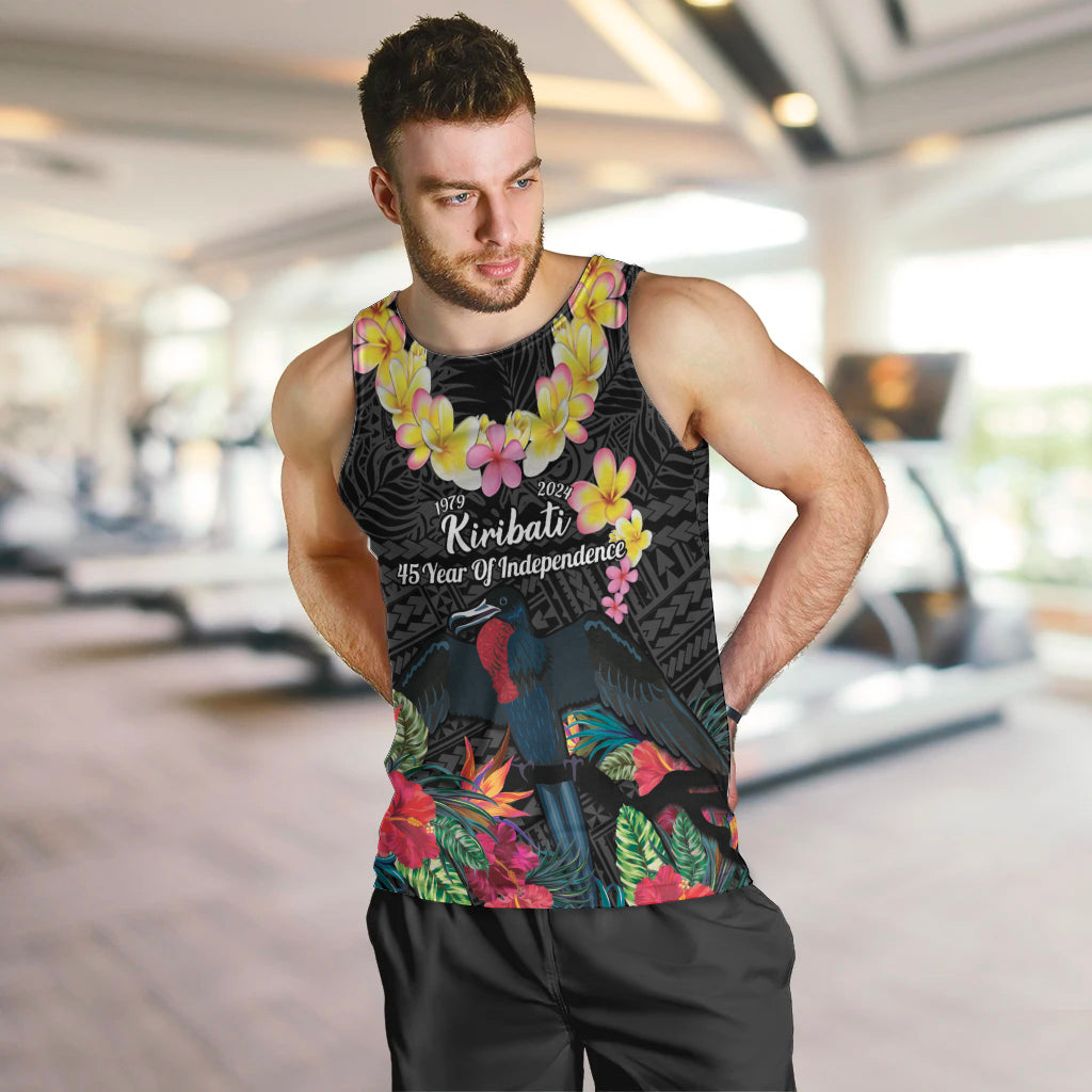 Kiribati Independence Day Men Tank Top Frigatebird Mix Tropical Flowers - Black Style LT14 Black - Polynesian Pride
