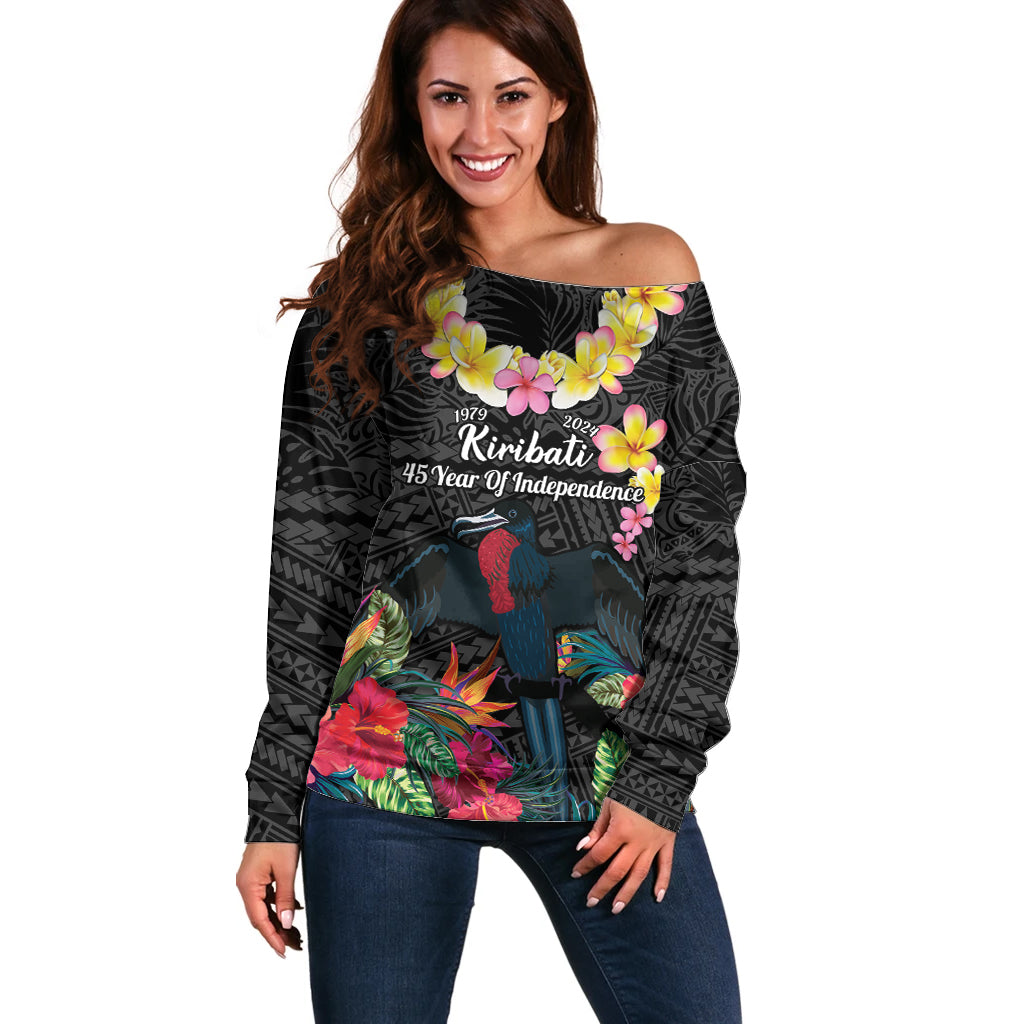 Kiribati Independence Day Off Shoulder Sweater Frigatebird Mix Tropical Flowers - Black Style LT14 Women Black - Polynesian Pride