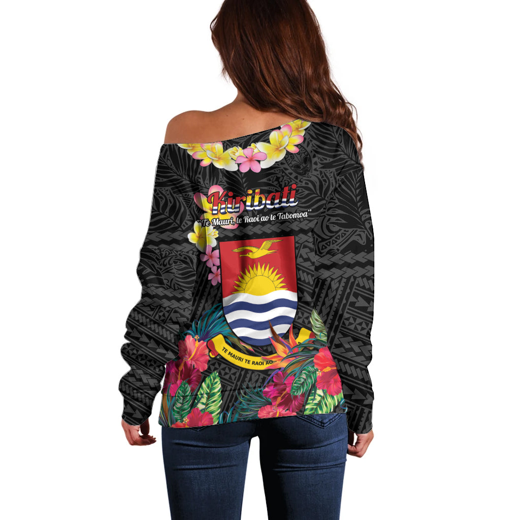 Kiribati Independence Day Off Shoulder Sweater Frigatebird Mix Tropical Flowers - Black Style LT14 - Polynesian Pride
