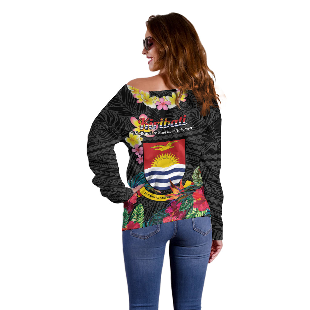 Kiribati Independence Day Off Shoulder Sweater Frigatebird Mix Tropical Flowers - Black Style LT14 - Polynesian Pride