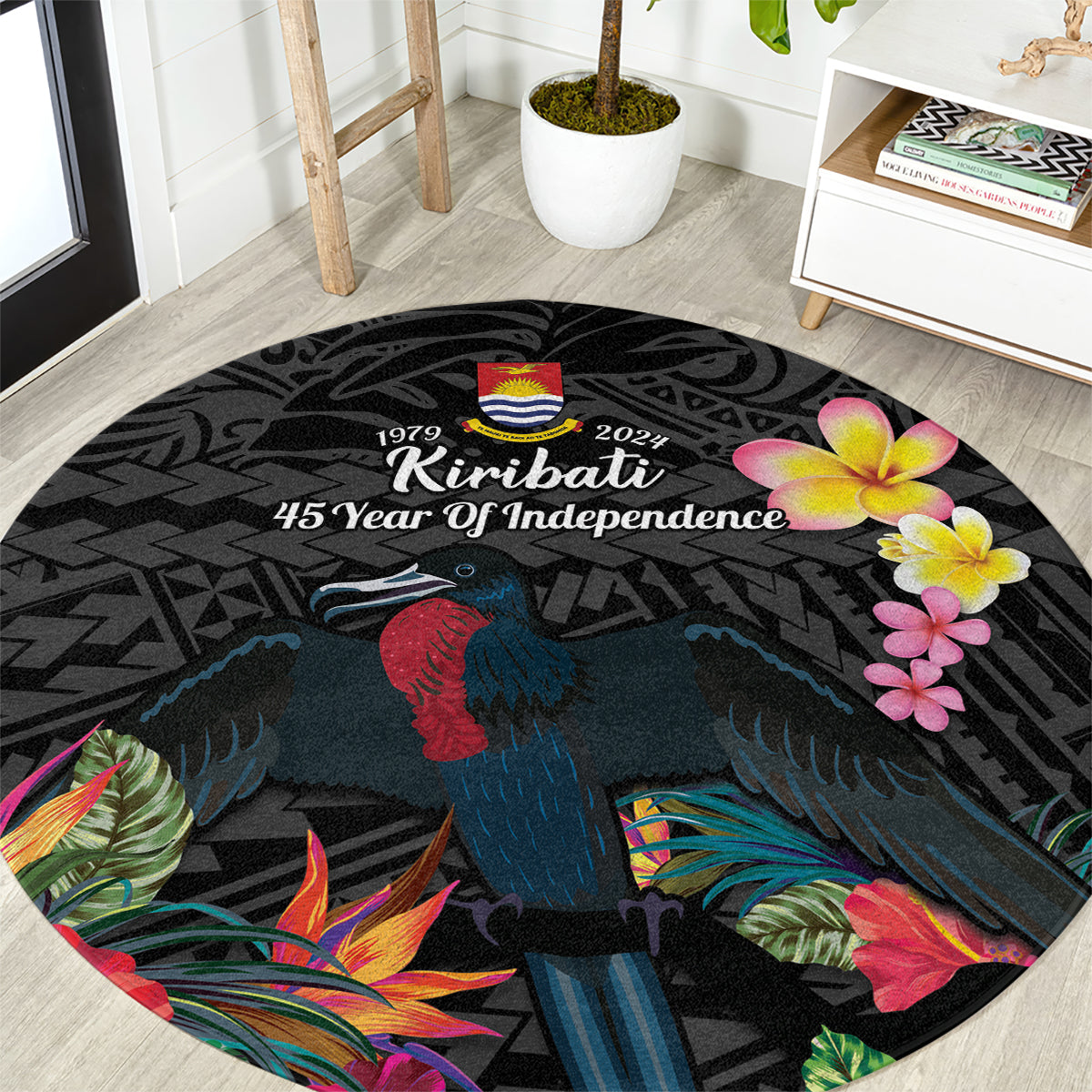 Kiribati Independence Day Round Carpet Frigatebird Mix Tropical Flowers - Black Style LT14 Black - Polynesian Pride