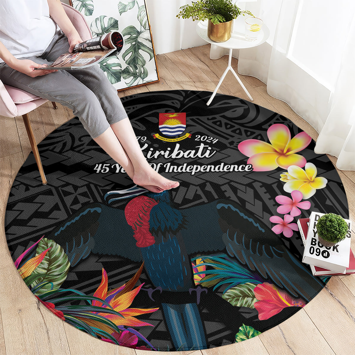 Kiribati Independence Day Round Carpet Frigatebird Mix Tropical Flowers - Black Style LT14 - Polynesian Pride