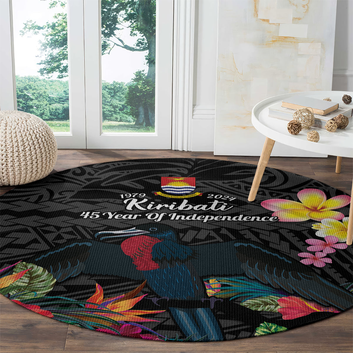 Kiribati Independence Day Round Carpet Frigatebird Mix Tropical Flowers - Black Style LT14 - Polynesian Pride