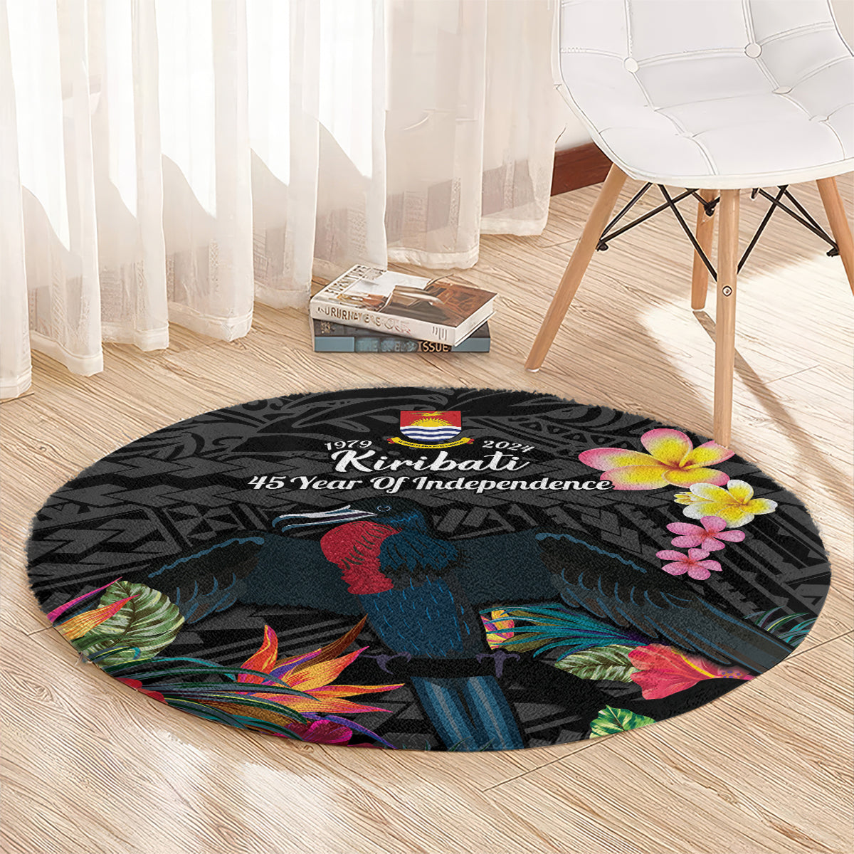 Kiribati Independence Day Round Carpet Frigatebird Mix Tropical Flowers - Black Style LT14 - Polynesian Pride