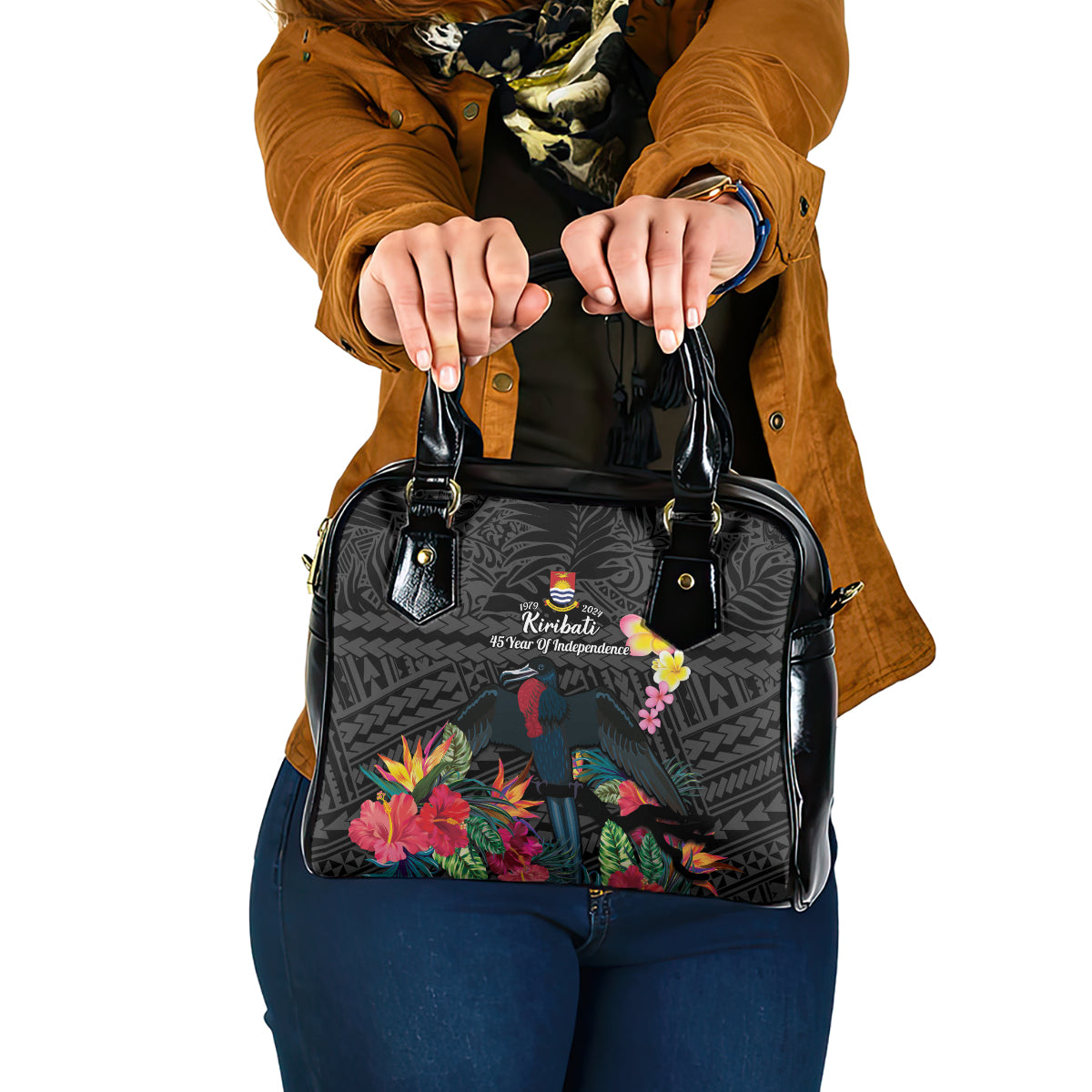 Kiribati Independence Day Shoulder Handbag Frigatebird Mix Tropical Flowers - Black Style LT14 One Size Black - Polynesian Pride