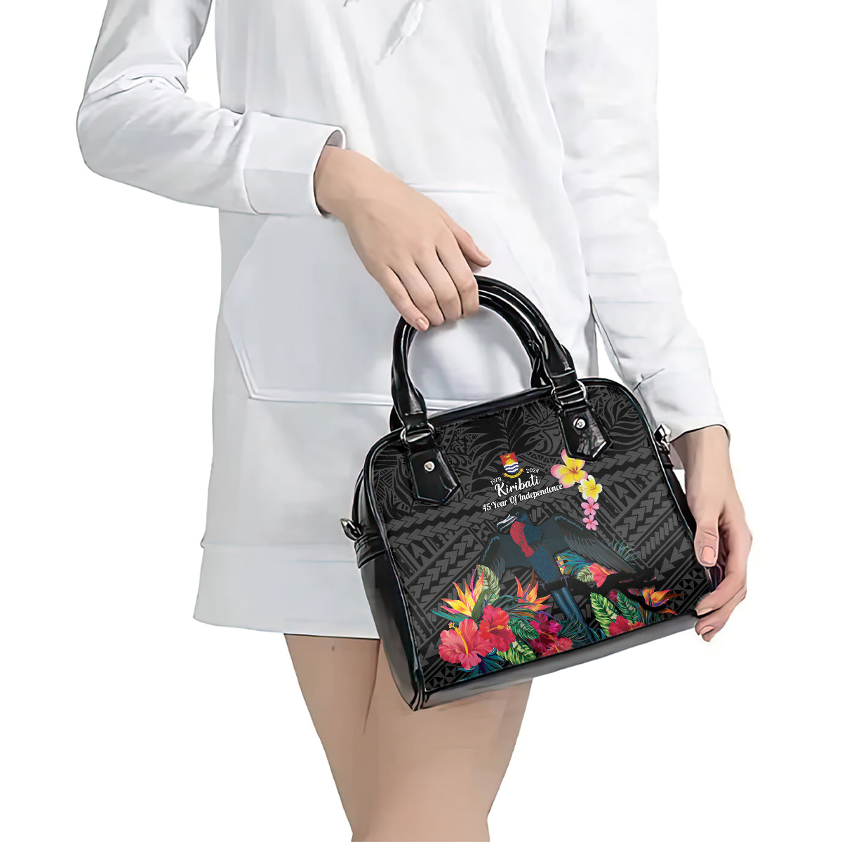 Kiribati Independence Day Shoulder Handbag Frigatebird Mix Tropical Flowers - Black Style