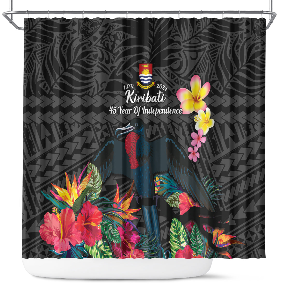 Kiribati Independence Day Shower Curtain Frigatebird Mix Tropical Flowers - Black Style LT14 Black - Polynesian Pride